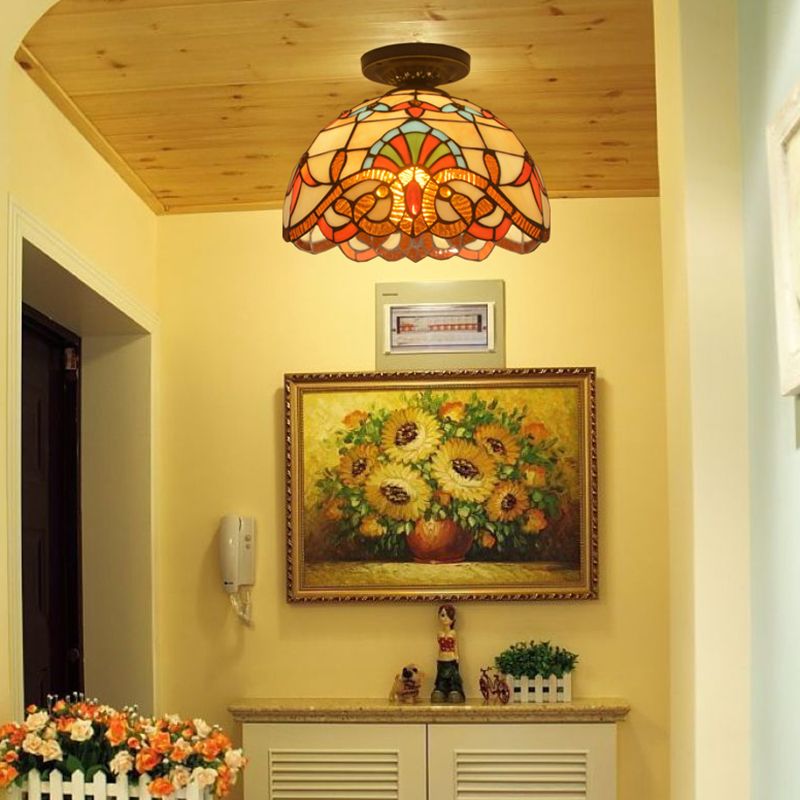 1 Light Bowl Ceiling Lamp Tiffany Style Glass Ceiling Lighting for Living Room