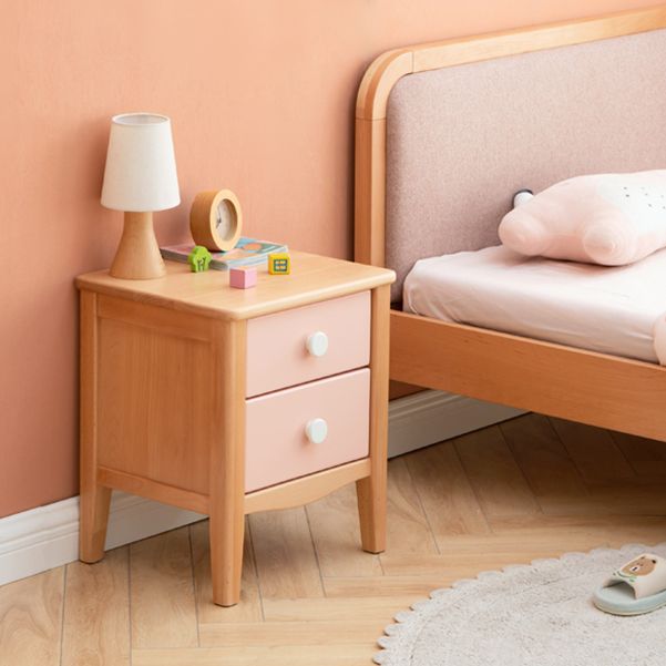 Modern Beech Kids Bedside Table Pink Nightstands with 2 Drawers