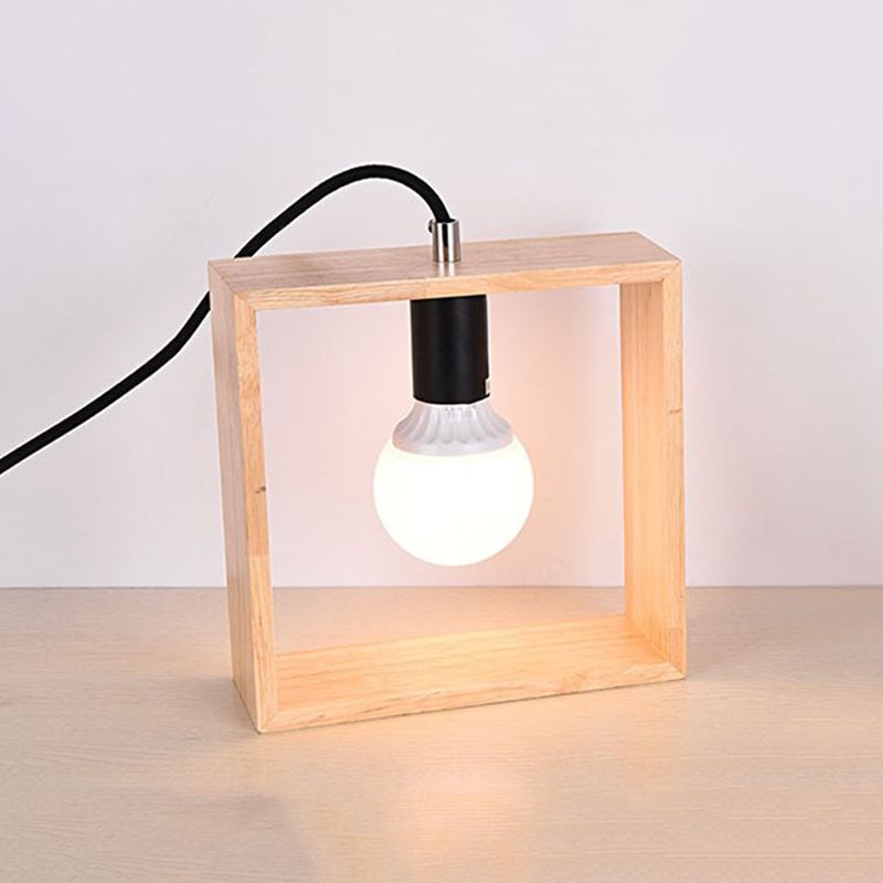 Simple Bare Bulb Design Table Light Wood 1 Bulb Bedside Nightstand Lamp with Square Frame