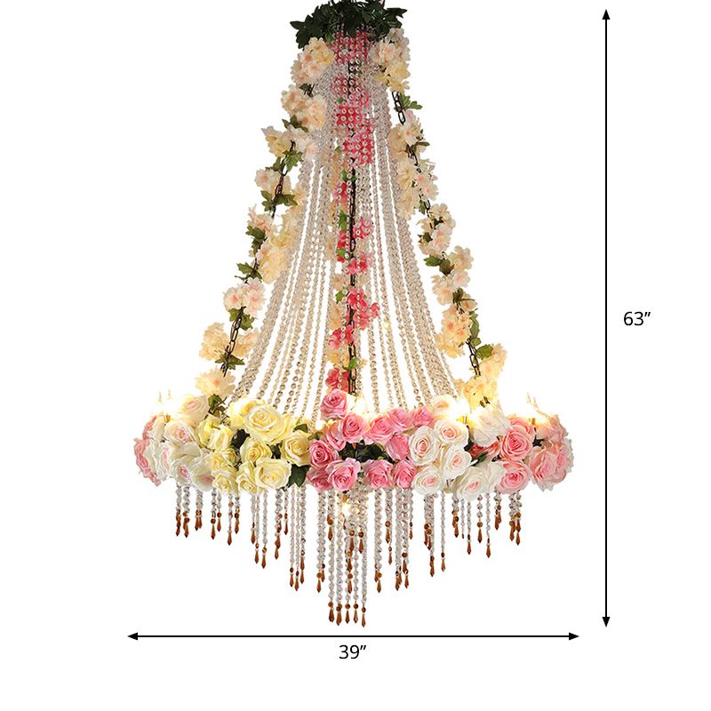 White 10 Heads Hanging Chandelier Industrial Crystal Raindrop Ceiling Lamp with Flower Decoration