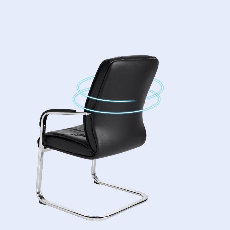 Mid Back Task Chair Black Leather Fixed Arm Office Chair with Steel Base