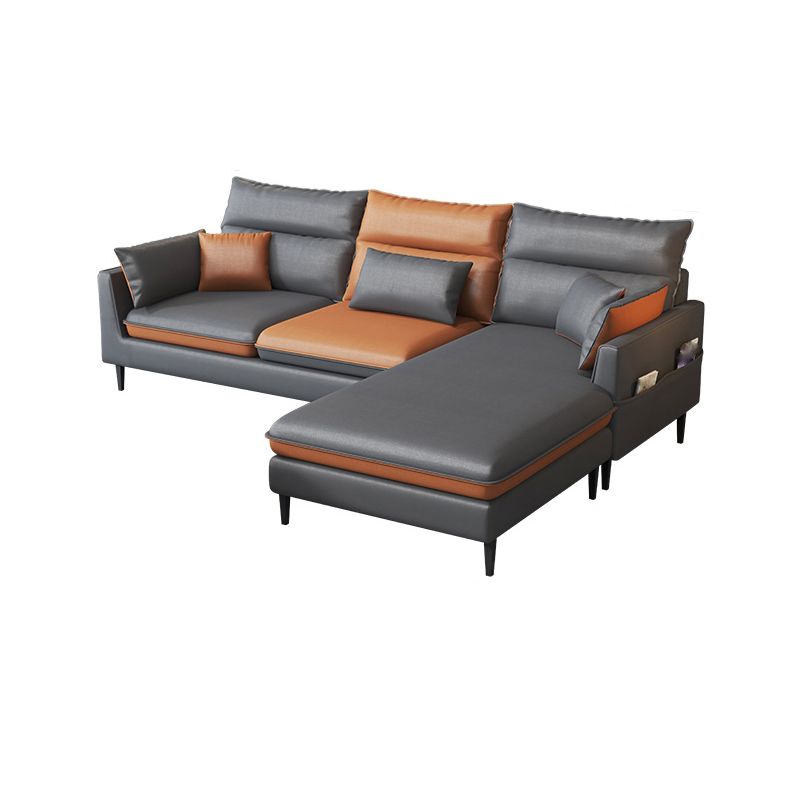 Faux Leather Square Arm Sectional with Pillowed Back Cushions, Stain Resistan