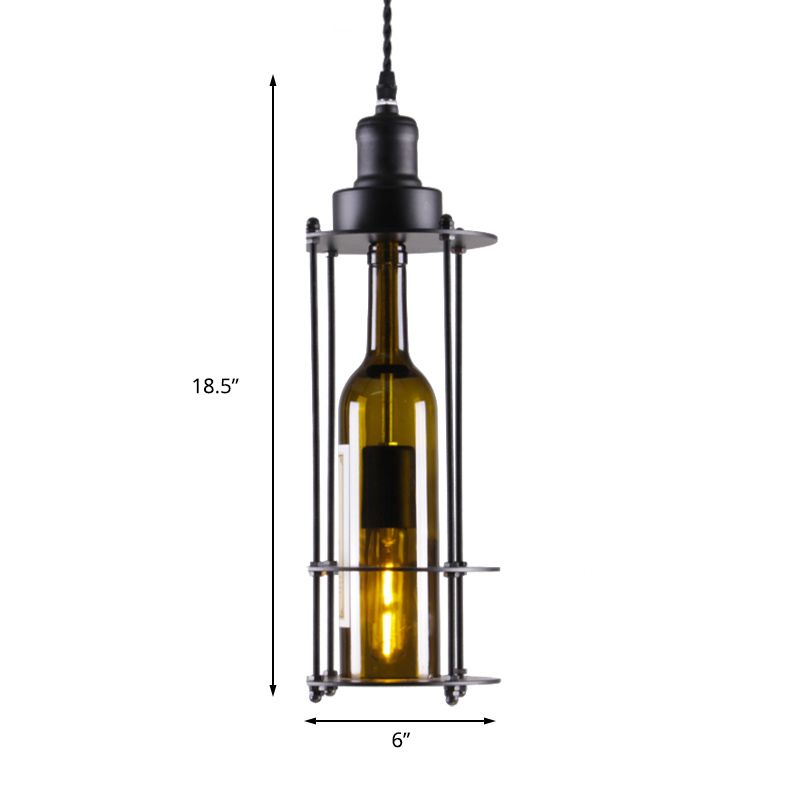 1 Light Hanging Light with Wine Bottle Glass Shade Industrial Style Kitchen Pendant Lamp in Green