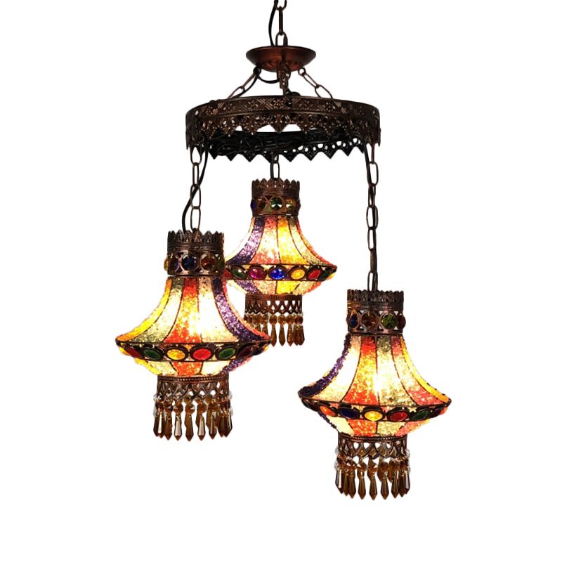 Bohemian Lantern Pendant Chandelier 3/4 Heads Metal Hanging Ceiling Light in Copper for Restaurant