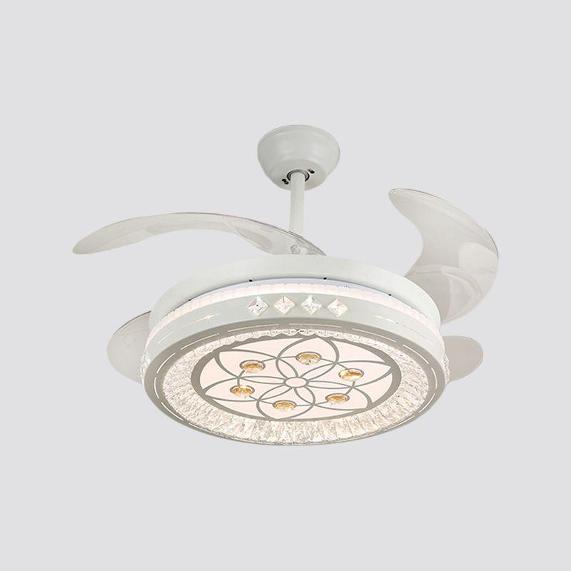 Simple 19" Wide LED Semi Flush Ceiling Light White Round Pendant Fan Lamp with Acrylic Shade, 4 Blades