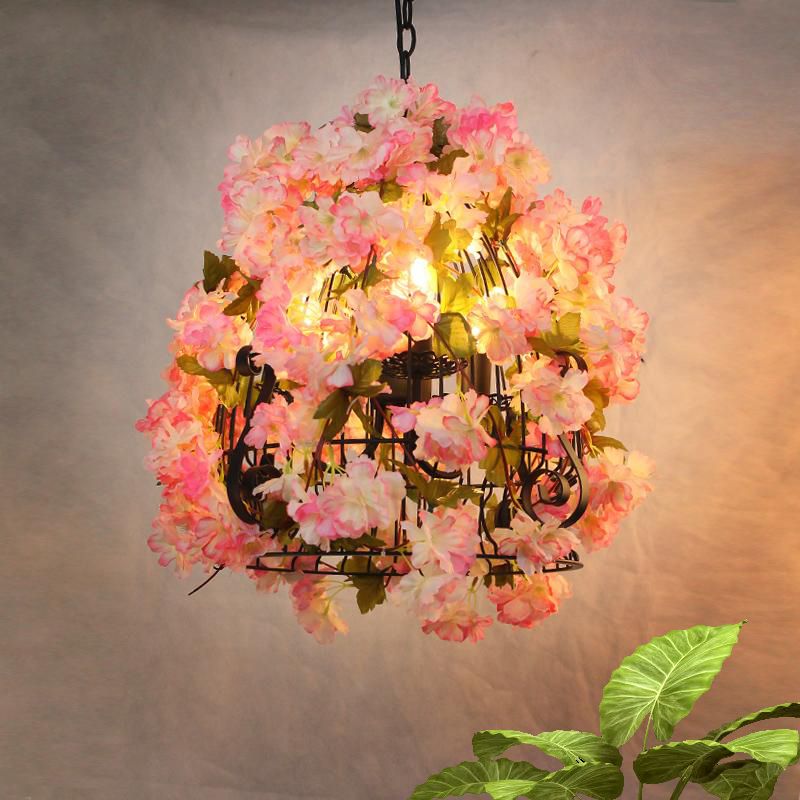 Pink Cherry Blossom Ceiling Chandelier Farmhouse Iron 3 Bulbs Restaurant Pendant Light with Bell Cage