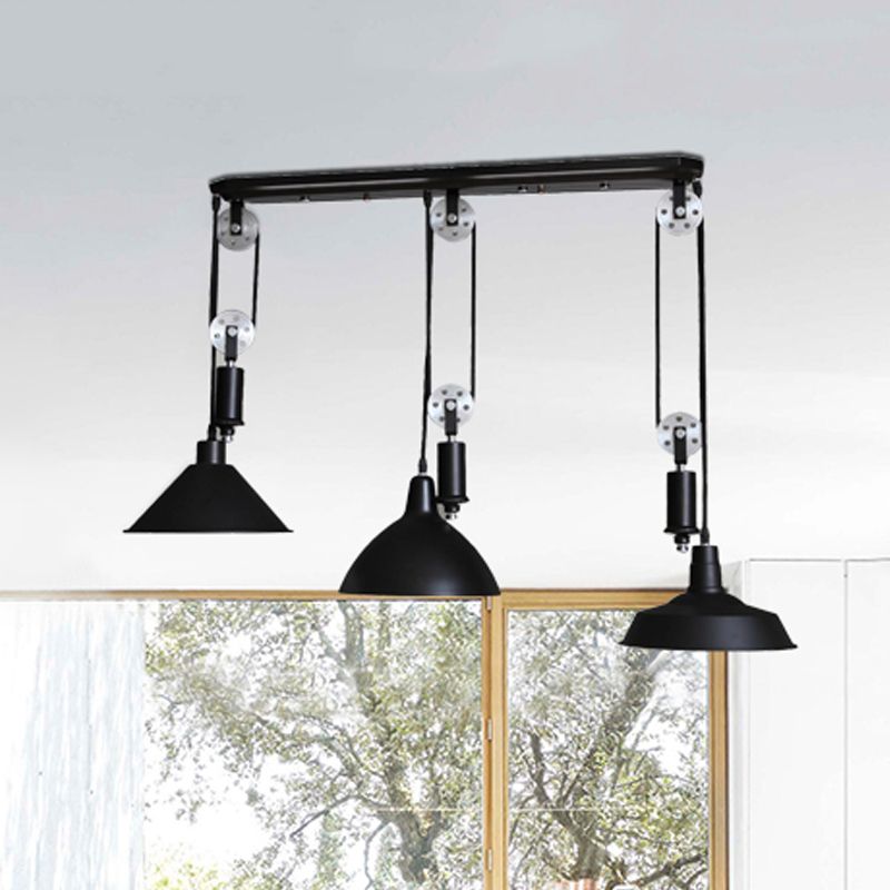 3 Lights Pendant Lighting with Different Shade and Pulley Design Metal Industrial Indoor Hanging Light Fixture in Black