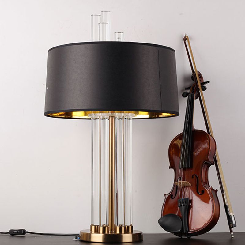 Black Drum Table Light Countryside Fabric Single Head Bedroom Night Lamp with Tube Crystal Accent