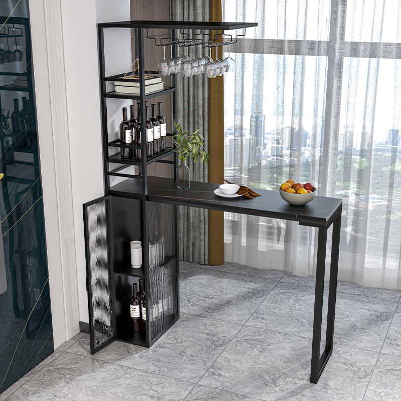 Modern Iron Bar Dining Table Stone Top Rectangle Indoor Bistro Table with Wine Rack