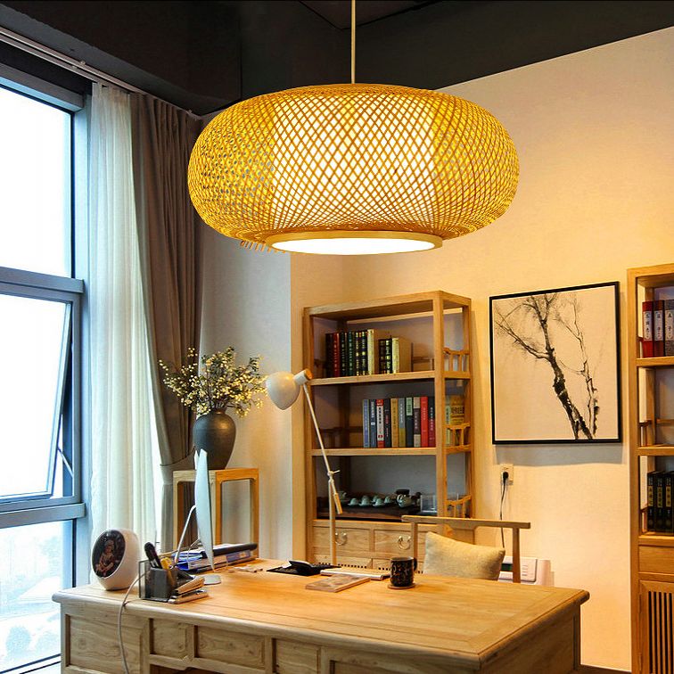 Asian Style Hand-weaving Bamboo Hanging Lamp Lanterns Shaped Single Bulb Lighting Fixture for Restaurant