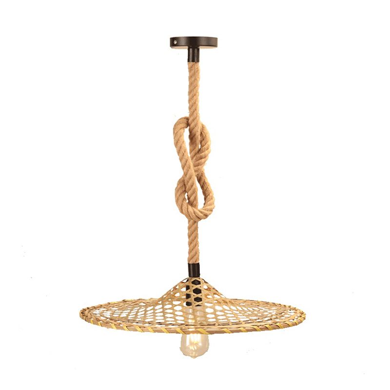 1 Bulb Flat Bamboo Hat Pendant Countryside Beige Rope Hanging Ceiling Light with Knots Design