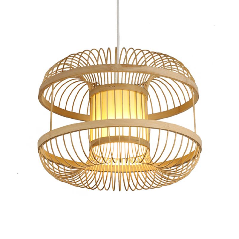 Modern Round Pendant Lighting Bamboo 1 Bulb Hanging Light Fixture in Wood with Cylinder Parchment Shade