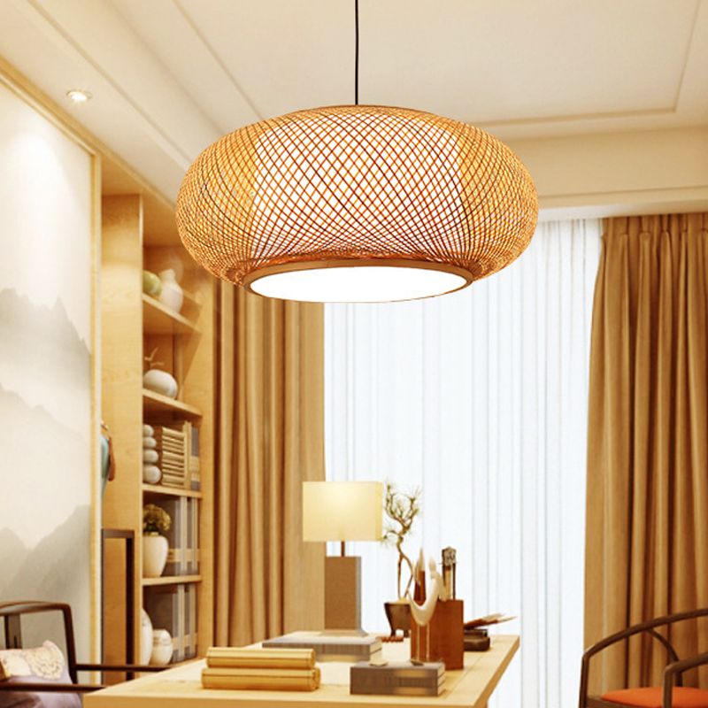 Drum Beige Down Pendant Chinese Bamboo Hanging Ceiling Light with 1 Light