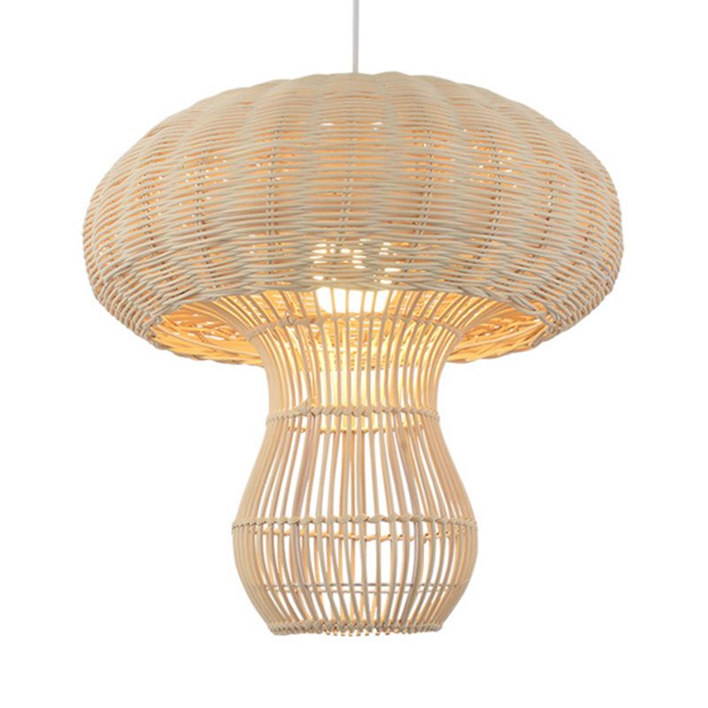 1 Light Hallway Hanging Light with Mushroom Rattan Shade Asian Style Brown/Beige Pendant Lighting