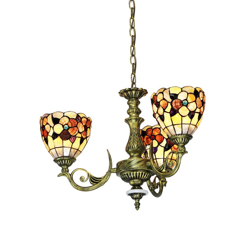 9/11 Lights Bedroom Ceiling Chandelier Tiffany Beige Flower Patterned Suspension Lamp with Bowl Shell Shade