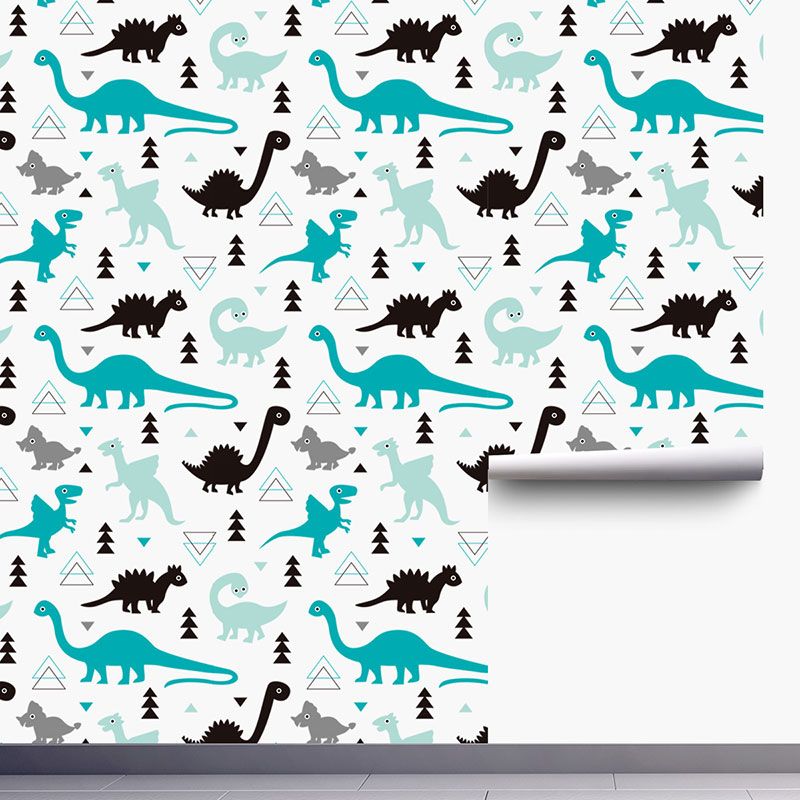 Illustration Cartoon Dinosaur Wallpaper for Children's Bedroom in Blue and Black, Self-Adhesive, 29.1 sq ft.