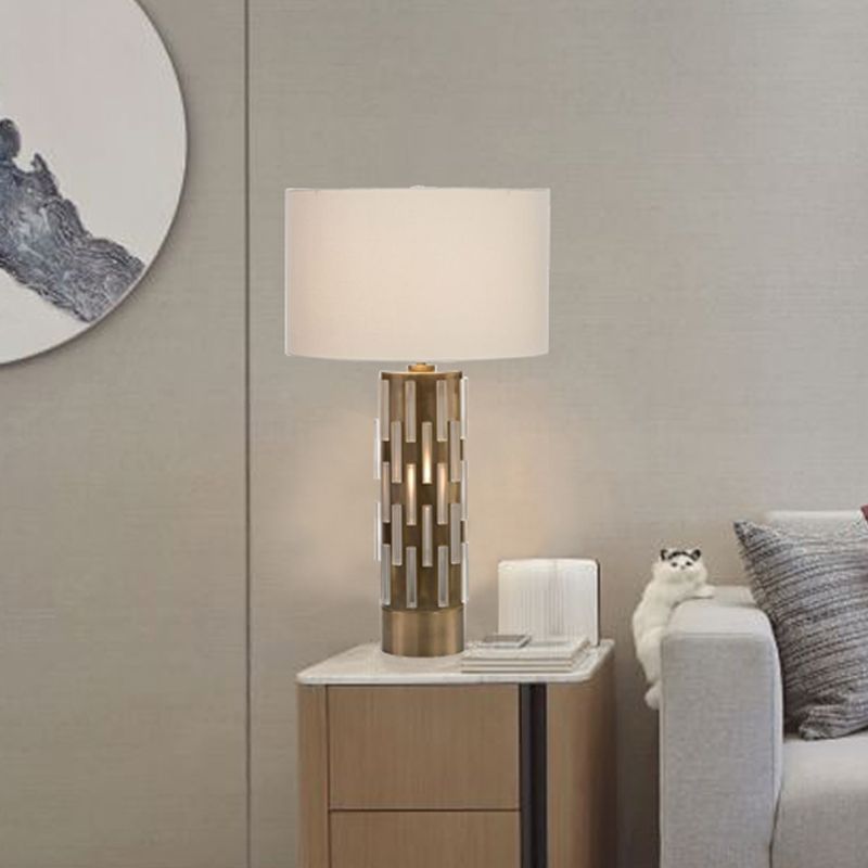 1-Bulb Living Room Night Light Modernist White Metal Table Lamp with Drum Fabric Shade