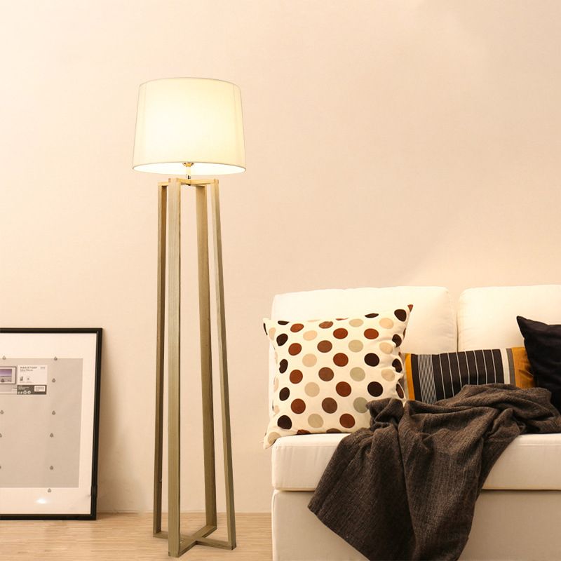 Wood Trapezoid Floor Light Contemporary 1-Light White Floor Standing Lamp with Barrel Fabric Shade