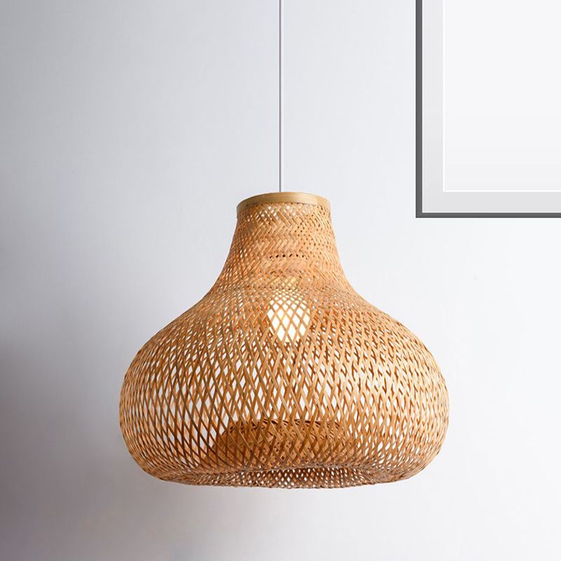 Traditionary 1 Bulb Ceiling Lamp Wood Jar Hanging Pendant Light with Bamboo Shade for Restaurant