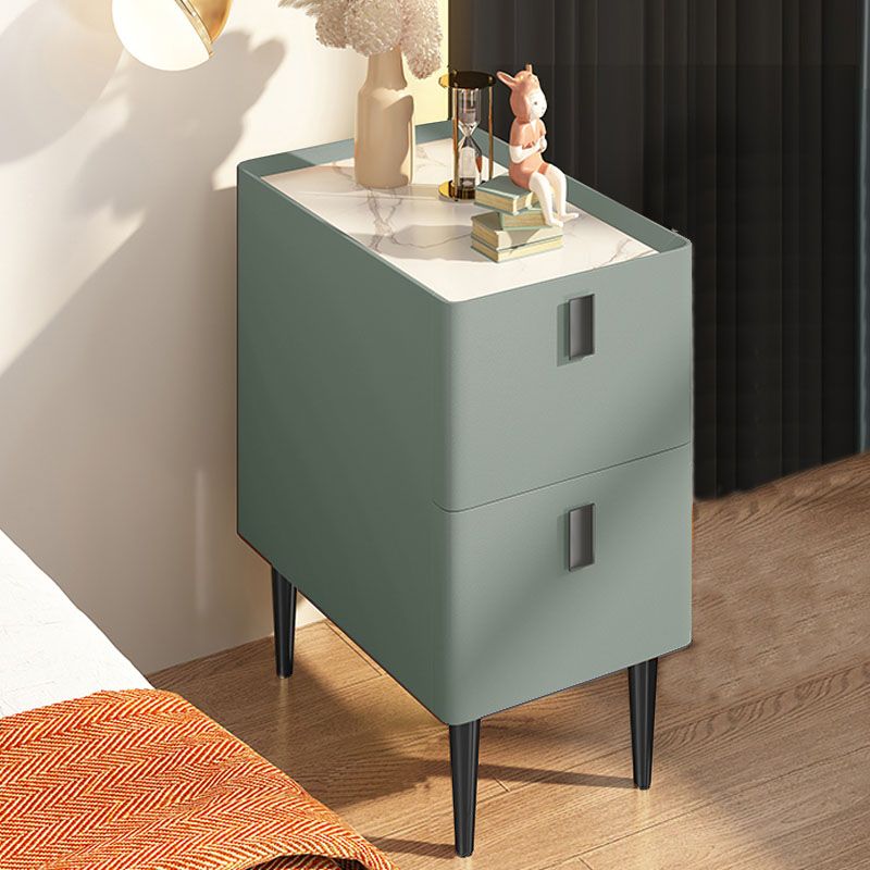 Contemporary Solid Wood Nightstand 2-Drawer Stone Top Night Table