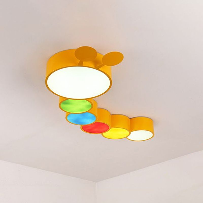 Cartoon Caterpillar LED Ceiling Lighting Metal Kindergarten Flush Mount Fixture in Yellow