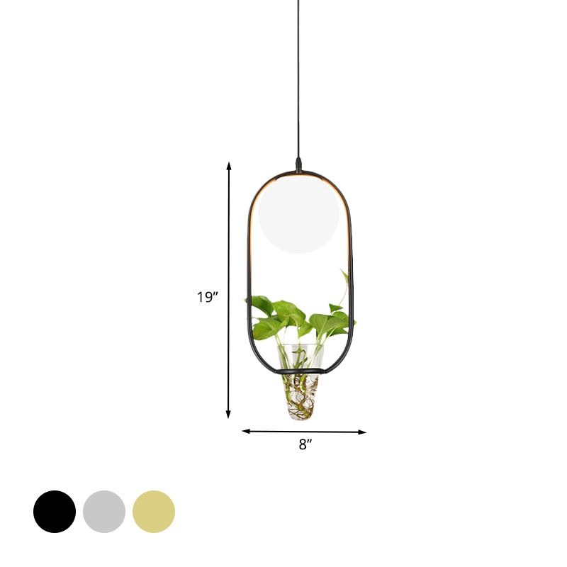 Opal Glass Globe Pendant Light Loft 1 Head Living Room Hanging Lamp in Black/Grey/Gold with Oblong Cage and Plant Cup