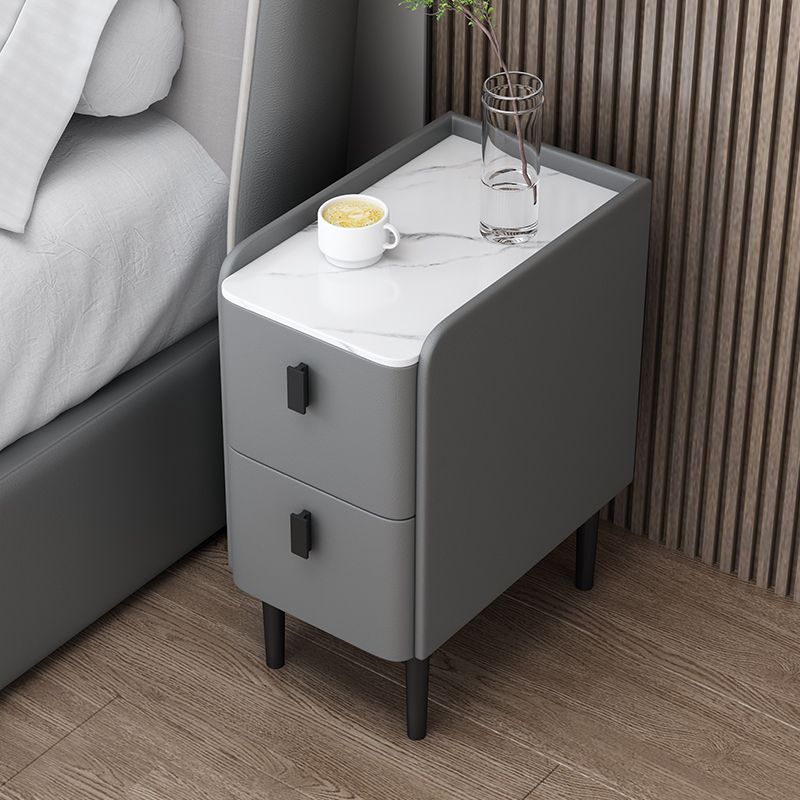 Modern Stone Top Night Table with Drawers 4 Legs Leather Nightstand