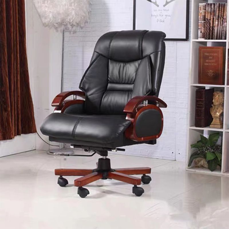 Wood Frame Upholstered Office Chair in Black Leather High Back Executive Chair