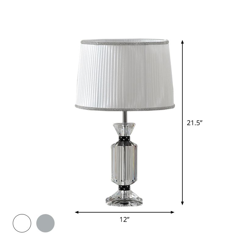 Drum Reading Lighting Rural Style Fabric Shade 1 Head Night Table Lamp in White/Blue with Clear Crystal Base