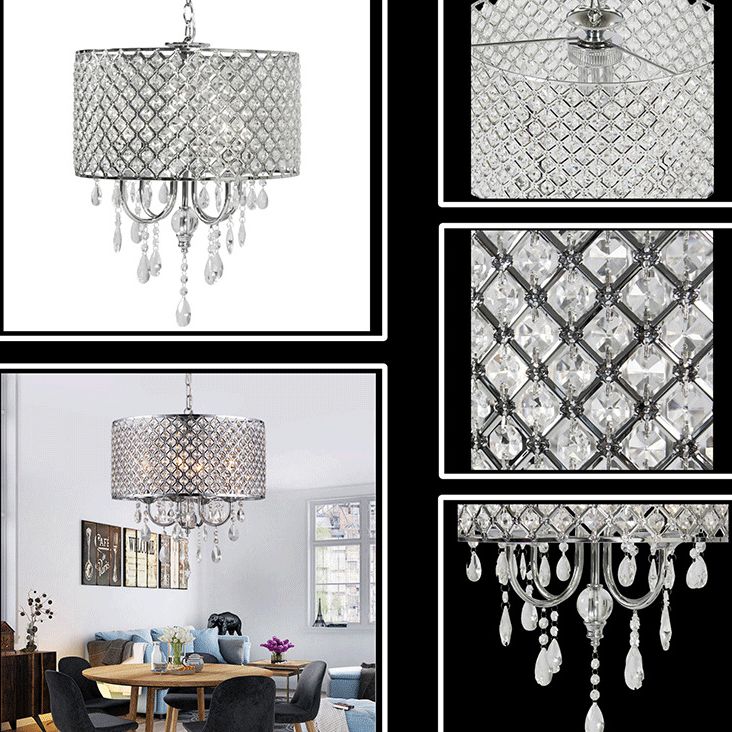 Chrome Finish Candle Chandelier Modern 4-Light Metal Pendant Light with Drum Crystal Shade