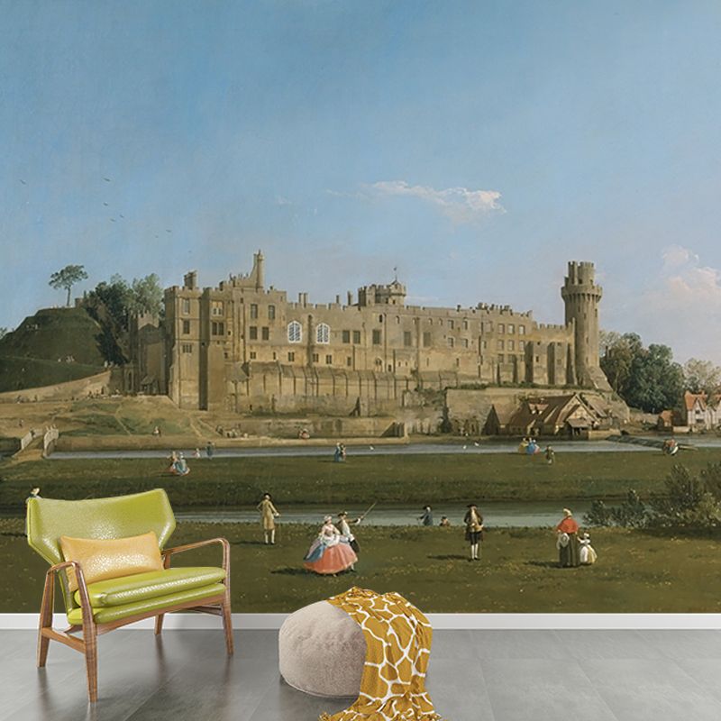 Canaletto Warwick Castle Painting Murals for Bedroom Full Size Wall Decor in Blue-Green