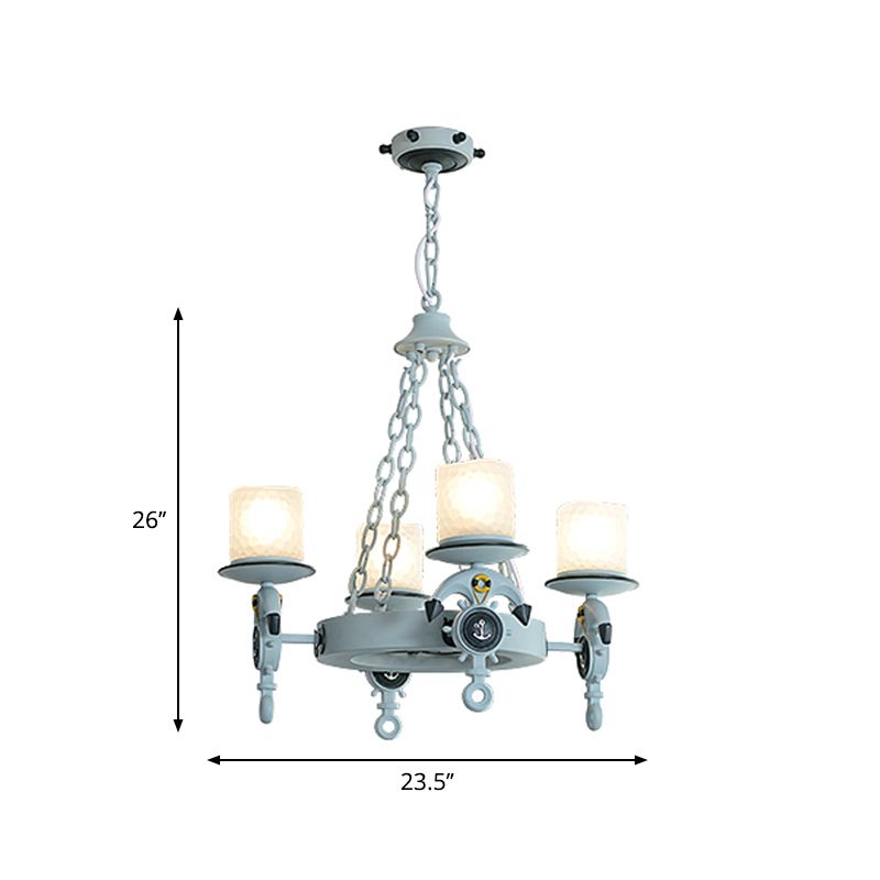 Anchor Suspension Light Modernism Resin 4 Lights Blue Pendant Chandelier with Cylindrical Dimpled Glass Shade