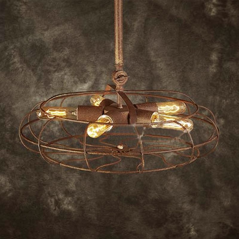 Forma a forma di fattoria lampada soffitto con telaio filo in ferro battuto rustico 5 lampadina lampada lampadario ruggine scura