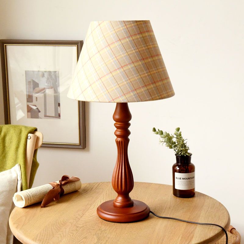 Beige/Tan/Dark Blue Barrel Shape Desk Lamp Traditional Fabric 1 Light Bedroom Reading Light with Wood Base