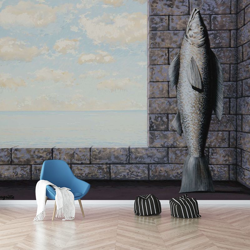 Surrealism Fish Wall Mural Decal for Living Room Customized Wall Art in Grey and Blue