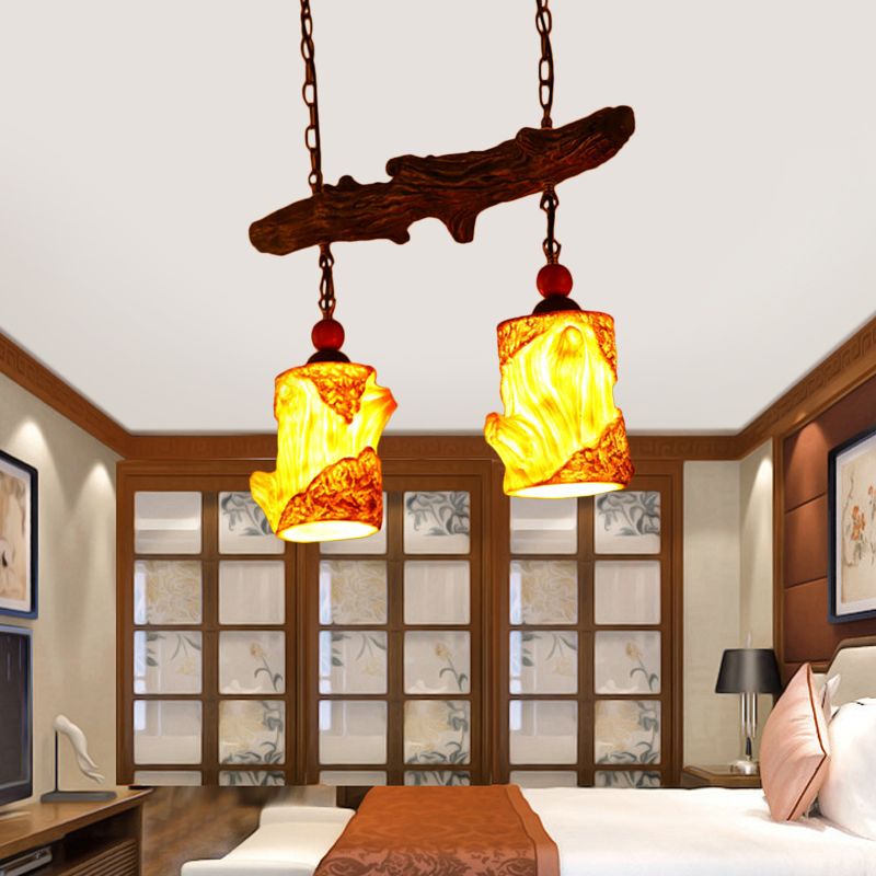 2-Light Resin Ceiling Chandelier Warehouse Yellow Cylinder Living Room Suspension Pendant with Linear Beam