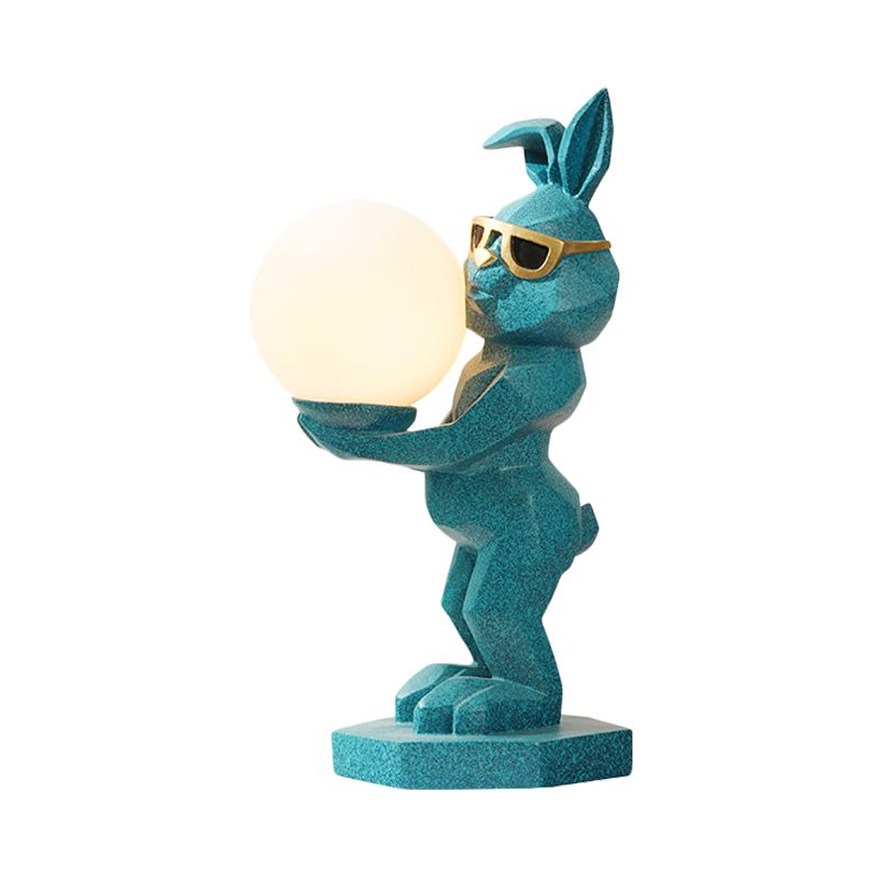 Cartoon Dog/Rabbit/Unicorn Night Light Resin LED Bedroom Table Lamp in Pink/Black/Grey with Globe Opal Glass Shade