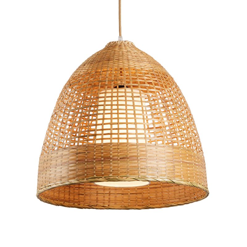 Grid Bell Living Room Hanging Lamp Bamboo Single-Bulb Asian Suspension Pendant Light in Beige