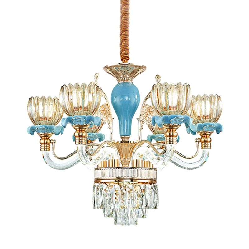 Blue Flower Hanging Ceiling Light Modernism 6/8/12 Heads 21.5"/31.5"/39" Wide Amber Glass Chandelier Lighting