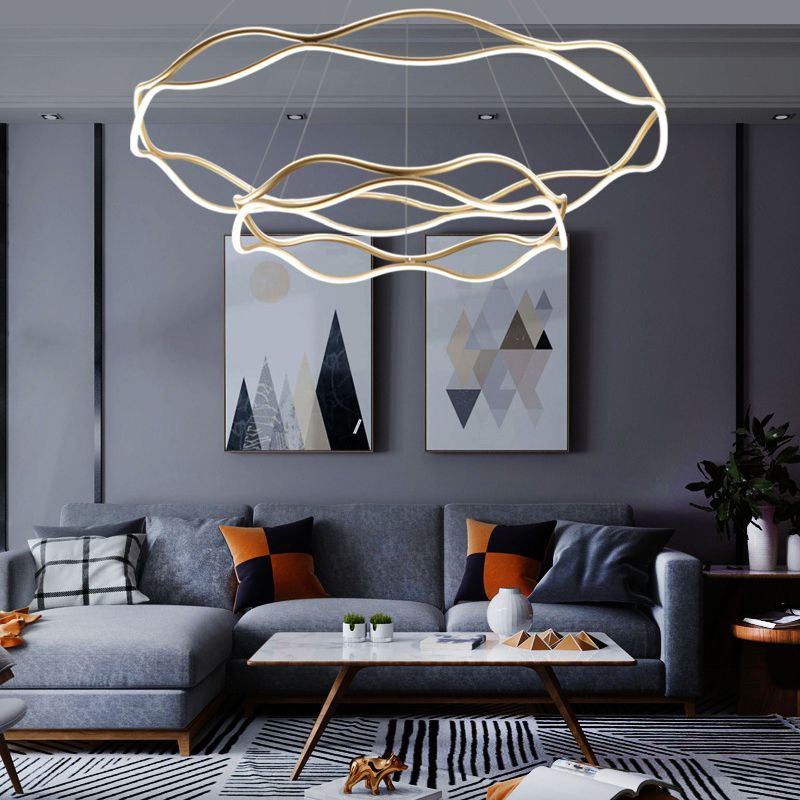 Postmodern Simplicity Wave Ceiling Chandelier Metal Hanging Light with Hanging Cord for Living Room