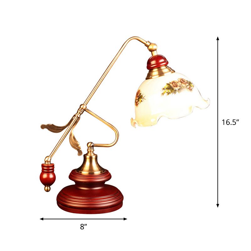 Retro Ruffled Bowl Table Light 1 Head White Glass Night Lamp with Gold-Red Brown Lever Arm