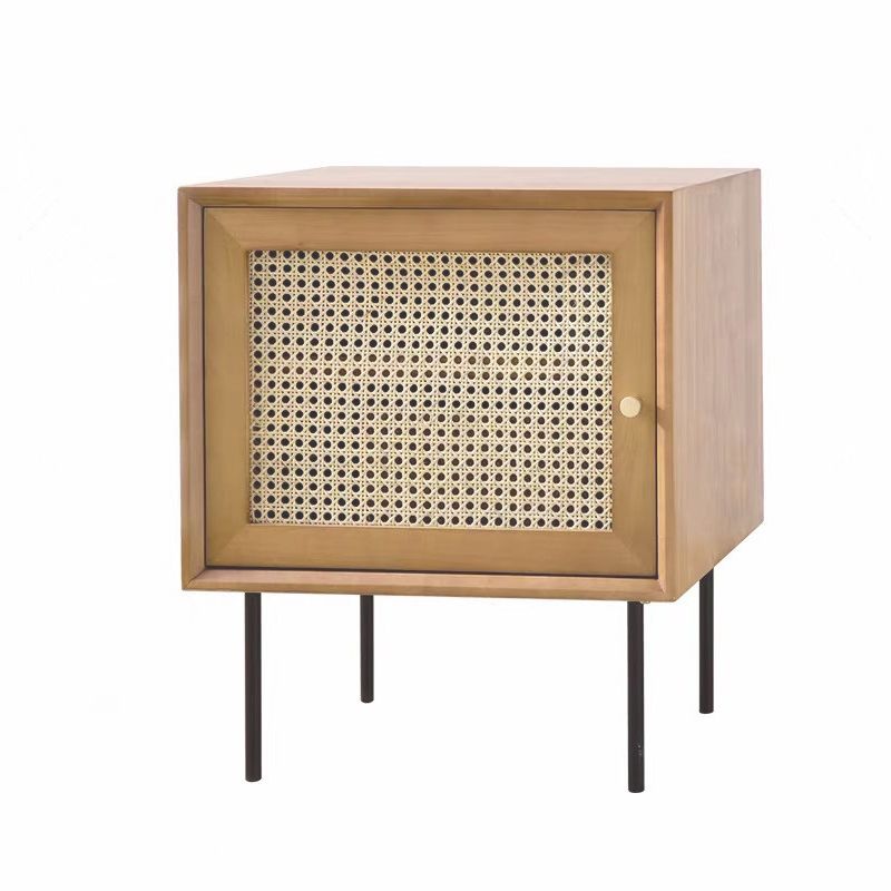 15.75" Tall Rattan Bedside Cabinet Solid Wood Nightstand with 1 Door