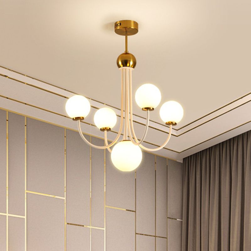 White Glass Spherical Ceiling Chandelier Contemporary 5/7 Bulbs Hanging Light Fixture in Gold