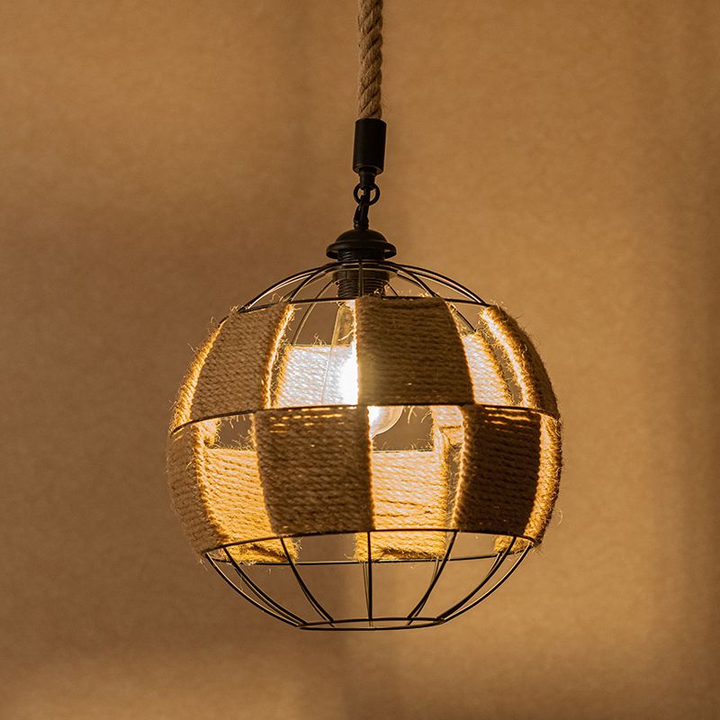 Single Hemp Rope Pendant Lamp Cottage Style Brown Globe Aisle Hanging Ceiling Light