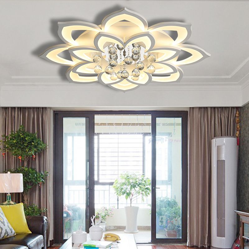 27"/31.5" W White Floral Flush Ceiling Light Contemporary LED Acrylic Flushmount Lighting with Crystal Drop in Warm/White Light