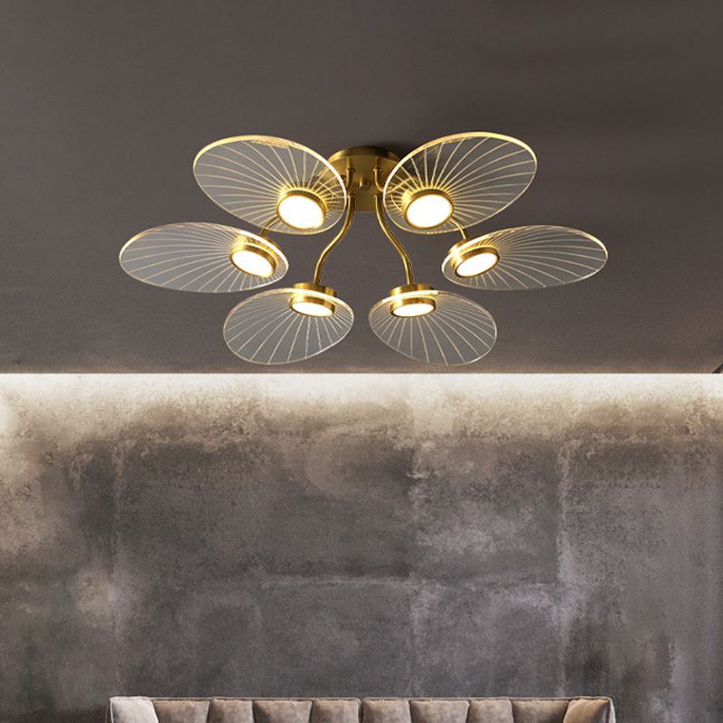 6 Heads Bedroom Semi Flush Light Modern Brass Flush Ceiling Lamp Fixture with Leaf Acrylic Shade