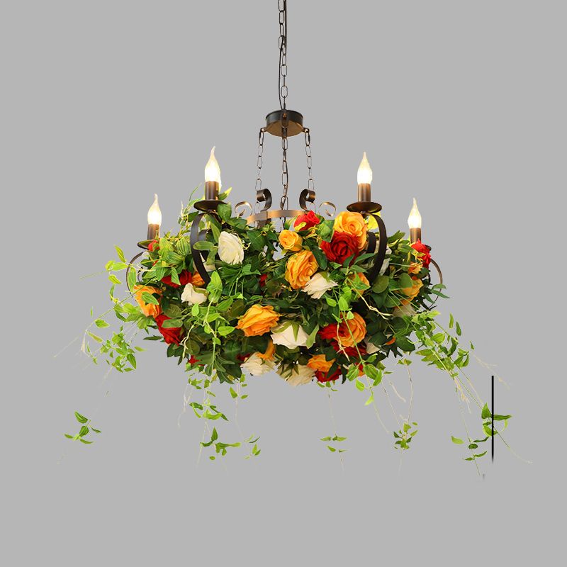 Metal Black Chandelier Lamp Rose 6 Lights Industrial LED Hanging Ceiling Light with Plant Decor