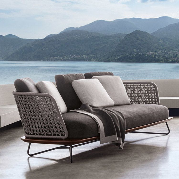 Modern Metal & Wood Frame Patio Sofa Gray Cushion Outdoor Patio Sofa with Pillows