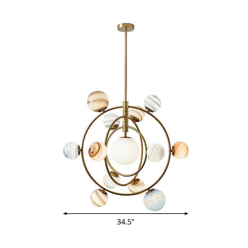 Gold Orbit Chandelier Light Fixture Modernism 13 Lights Metal Hanging Lamp Kit with Ball Glass Shade