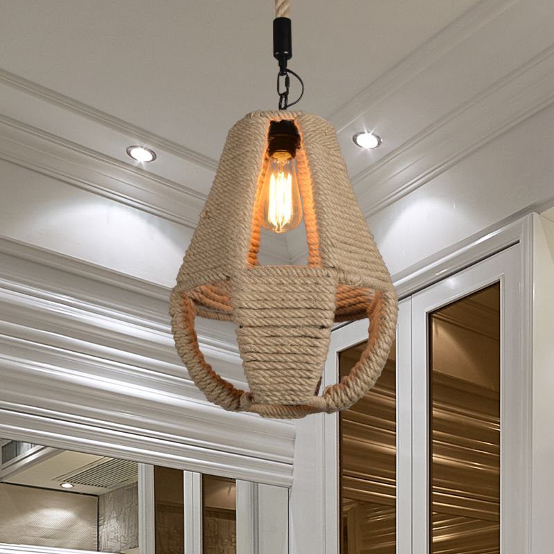 1 Light Pare Shape Pendant Lighting Industrial Beige Corde Broche de lampe suspendue pour le café